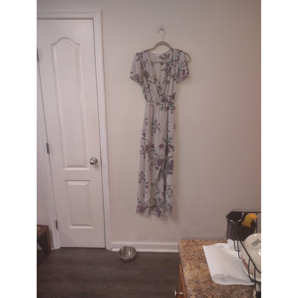 Candies Floral Wrap‎ Maxi Dress XS Grey Purple Short Sleeve High Low Tulip Hem